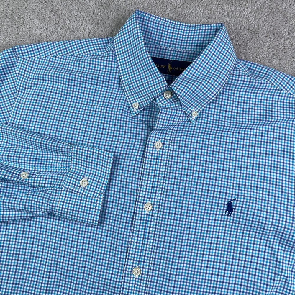 Ralph Lauren Shirt Mens Medium Blue Gingham Button Down Long Sleeve Cotton Pony